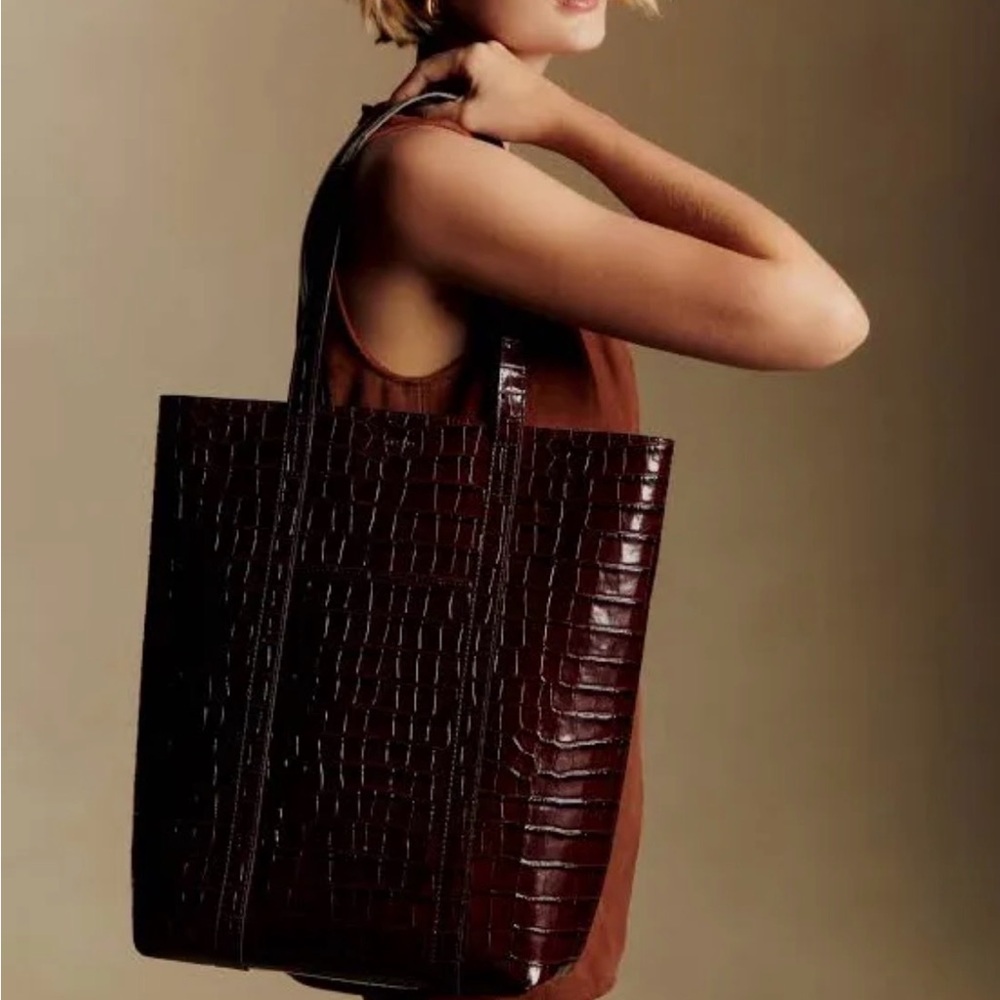 Sezane Croc-Embossed Leather Tote in Deep Burgundy - Picture 3 of 6